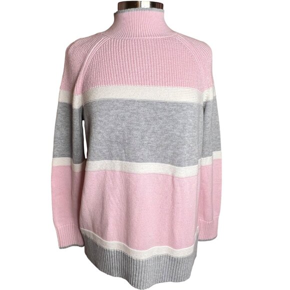 Talbots Petite Lp Mock Neck Striped Sweater Pink Gray Cotton Blend Ribbed Knit - Picture 1 of 9